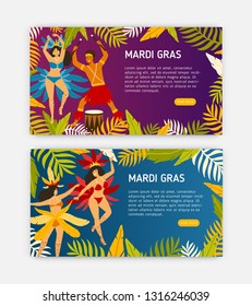 Mardi Gras web banner templates with women dancers wearing carnival costumes and man playing on drums. Festive vector illustration for parade, masquerade ball, festival, party or event announcement.