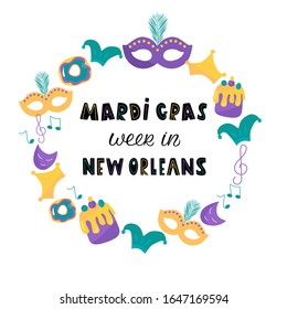MARDI GRAS WEEK IN NEW ORLEANS  carnival party vector masquerade celebration festival icon design flat style. Black lettering with carnival frame, mask, joker, crown, cake on white background.Card