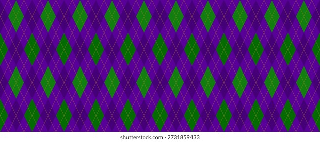 Mardi Gras Wide Background. Purple, Green, Gold Argyle Seamless Vector Pattern. New Orleans Carnival Style Masquerade Backdrop. Pattern Tile Swatch Included.