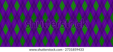 Mardi Gras Wide Background. Purple, Green, Gold Argyle Seamless Vector Pattern. New Orleans Carnival Style Masquerade Backdrop. Pattern Tile Swatch Included.