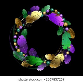 Mardi Gras wreath of green, purple, yellow, artistically drawn fluffy feathers and shiny textured beads on black background. Mardi Gras design.