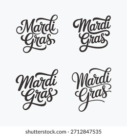 Mardi Gras written templates set in vibrant joining script style with bold festive strokes in decorative vector typography	
