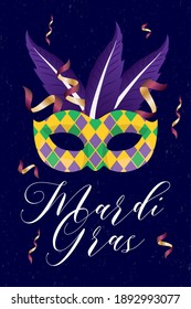 Mardi gras yellow mask with feathers and confetti design, Party carnival decoration celebration and festival theme Vector illustration