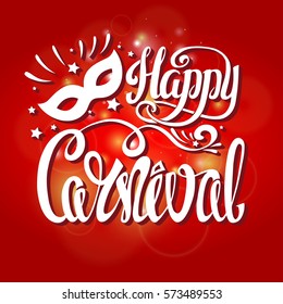 Mardi Gras.Carnival hand drawn lettering ,mask. Greeting card, party invitation, banner or flyer.Red blyrred background.Carnival in Rio, Brazil,Venice.Mardi Gras festival, holiday