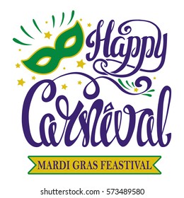 Mardi Gras.Carnival hand drawn lettering ,mask. Greeting card, party invitation, banner or flyer. Carnival in Rio, Brazil,Venice.Mardi Gras festival, holiday