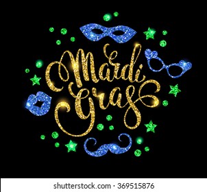 Mardi Gras.Glittering lettering design. Vector illustration