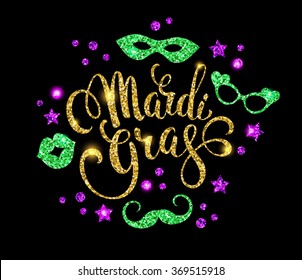 Mardi Gras.Glittering lettering design. Vector illustration