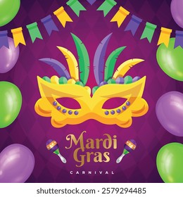 Mardi Grass Celebration Vector Carnival Illustration Feather Masks and Colorful Festival with Maracas and balloons Design Background Banner