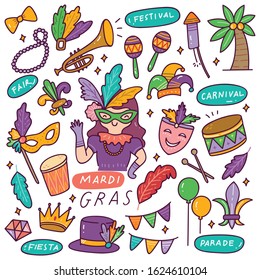 Mardi Grass Doodles Set Vector Illustration