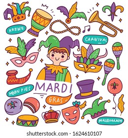 Mardi Grass Doodles Set Vector Illustration