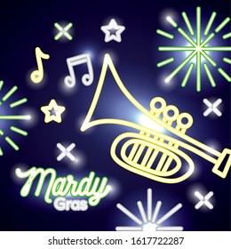 mardi grass label with neon lights trumpet vector illustration design