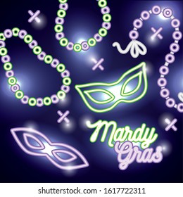 mardi grass label with neon lights masks vector illustration design