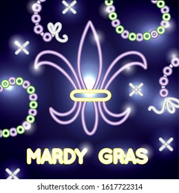 mardi grass label with neon lights emblem vector illustration design