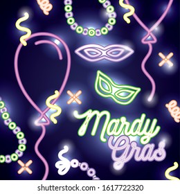 mardi grass label with neon lights masks vector illustration design