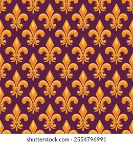 Mardi Gras-themed seamless background featuring a royal fleur-de-lis design in gold, complemented by diagonal patterns and dotted accents, inspired by the culture of New Orleans.