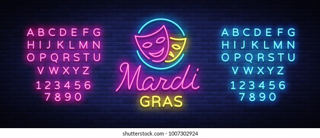 Mardi Grav is a neon sign. Bright glowing banner, neon billboard, neon advertising of carnival. Fat Tuesday Design template, greeting card, flyer. Vector illustration. Editing text neon sign