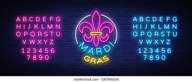 Mardi Grav is a neon sign. Bright glowing banner, neon billboard, neon advertising of carnival. Fat Tuesday Design template, greeting card, flyer. Vector illustration. Editing text neon sign