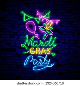 Mardi Grav is a neon sign. Bright glowing banner, neon billboard, neon advertising of carnival. Fat Tuesday Design template, greeting card, flyer. Vector illustration. Editing text neon sign