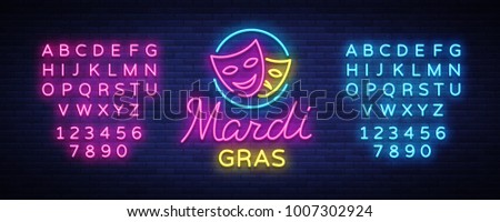 Mardi Grav is a neon sign. Bright glowing banner, neon billboard, neon advertising of carnival. Fat Tuesday Design template, greeting card, flyer. Vector illustration. Editing text neon sign