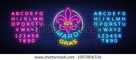 Mardi Grav is a neon sign. Bright glowing banner, neon billboard, neon advertising of carnival. Fat Tuesday Design template, greeting card, flyer. Vector illustration. Editing text neon sign