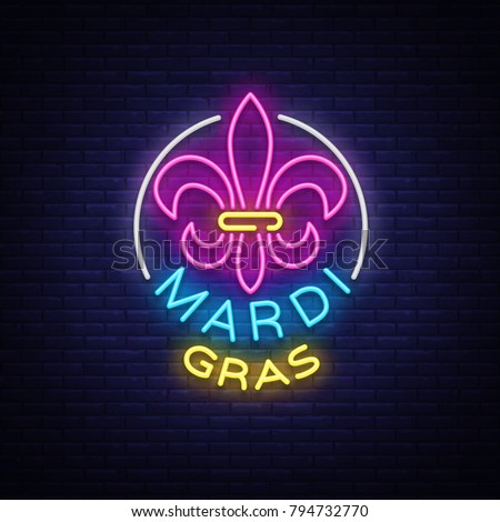 Mardi Grav is a neon sign. Bright glowing banner, luminous sign, bright neon billboard, night neon advertising of carnival. Fat Tuesday Design template, greeting card, flyer. Vector illustration