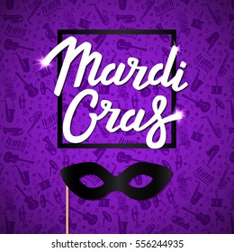 MardiGras greeting card or banner. Modern lettering on jazz music background. Vector illustration.