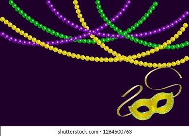 Mardy gras horizontal border with beads and carnival mask. Carnival mask with shiny glitter texture. Venetian carnival mardi gras party. Vector Design with carnival symbol 