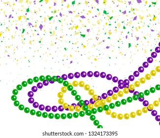 Mardy gras horizontal border with  bright beads and falling confetti.  Venetian carnival mardi gras party. Vector Design with carnival symbol 