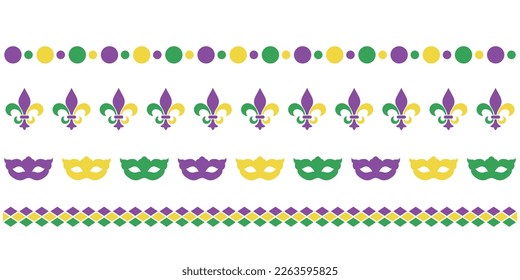 Conjunto de bordes horizontales de Mardy gras, cuentas y máscara de carnaval, fleur de lis, elementos de diseño de decoración de partido, divisores vectoriales