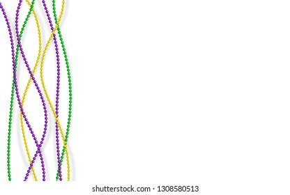 Mardy gras horizontal border with yellow, green, purple beads on a white background. Venetian carnival mardi gras party. Vector Design with carnival symbol 