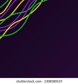Mardy gras pattern with yellow, green, purple beads on a dark background. Venetian carnival mardi gras party. Vector Design with carnival symbol 