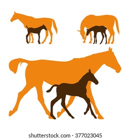 Mare With Foal. Three Vector Illustrations - Horses Standing, Grazing And Running. 