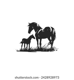 Mare with a newborn foal in a meadow, black and white vector