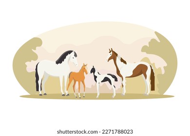 Mares mit Fohlen auf einer Wiese im Morgengrauen, Vektorgrafik