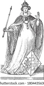 Margaret of Bavaria, full-length, with scepter and crown. Her coat of arms depicts a double-headed eagle shared with four climbing lions. Numbered at the bottom 6, vintage engraving.