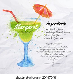 Margaret cocktails drawn watercolor blots and stains with a spray, including recipes and ingredients on the background of crumpled paper