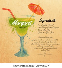 Margaret cocktails drawn watercolor blots and stains with a spray, including recipes and ingredients on the background of kraft