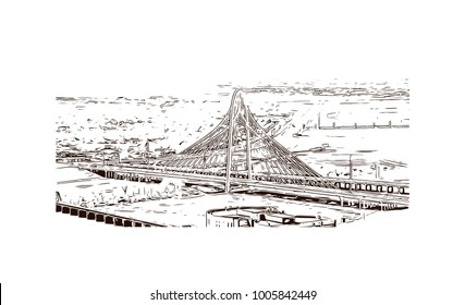 The Margaret Hunt Hill Bridge Dallas, Texas, USA. Hand drawn sketch illustration in vector.