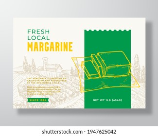 Margarine Dairy Food Label Template. Abstract Vector Packaging Design Layout. Modern Typography Banner with Hand Drawn Butter Piece and Rural Landscape Background. Isolated.
