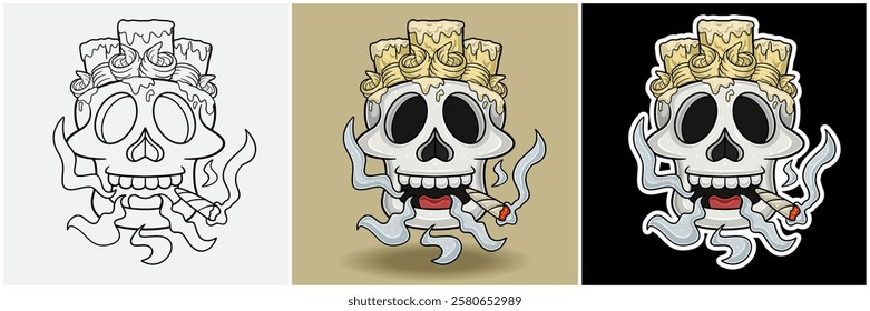 Margarine Inside Skull Head With Smoking Character Cartoon. Black White, Colorful and Sticker Style. For T shirt print, Brand Logo, Label and Mascot product. Vectors Illustrations