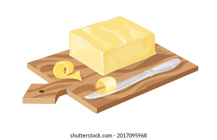 Margarine Or Spread, Natural Dairy Product. Vector Brick Of Butter On Wooden Board. High-calorie Food For Cooking And Eating. Farm Dairy Products Isolated On White