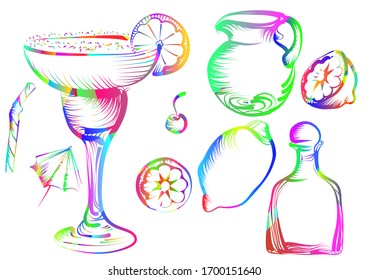 margarita abstract set. Margarita Daiquiri cocktail set with lime, cherry, lemon
