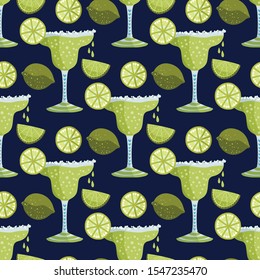 Margarita alcohol cocktail with lime. Vector cartoon flat seamless pattern. Mexican hand drawn illustration with fresh party drink.