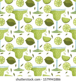 Margarita alcohol cocktail with lime. Vector cartoon flat seamless pattern. Mexican hand drawn illustration with fresh party drink.