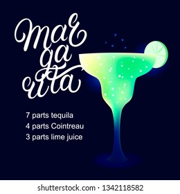 Margarita alcohol cocktail recipe. Modern hand written lettering label. Dark background. Trendy flat style. Vector illustration.