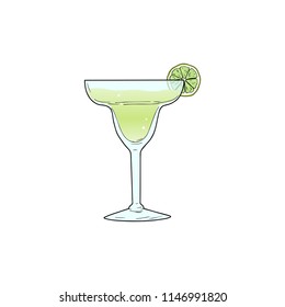 Margarita alcoholic cocktail in glass with lime slice. Vector illustration isolated on white background. Hand sketched composition made for menu design, bar, restaurant, print.