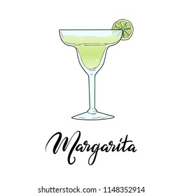 Margarita alcoholic cocktail in glass with lime slice and lettering typography. Vector illustration isolated on white background. Hand sketched composition made for menu design, bar, restaurant, print