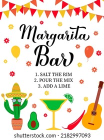 Margarita Bar. How to make Margaritas. Mexican themed party sign. Vector template for typography poster, banner, flyer, etc.