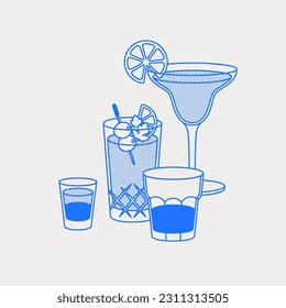 Margarita, Bloody Mary, and a short drinks. Line art, retro. Vector illustration for bars, cafes, and restaurants.