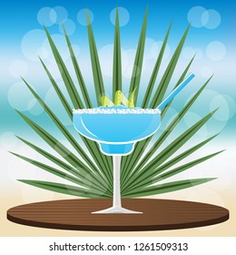 Margarita blue curacao cocktail on wooden classic  tray to place your product , on blurred background with bokeh vector illustration for web and print, invitation and menus for bar  